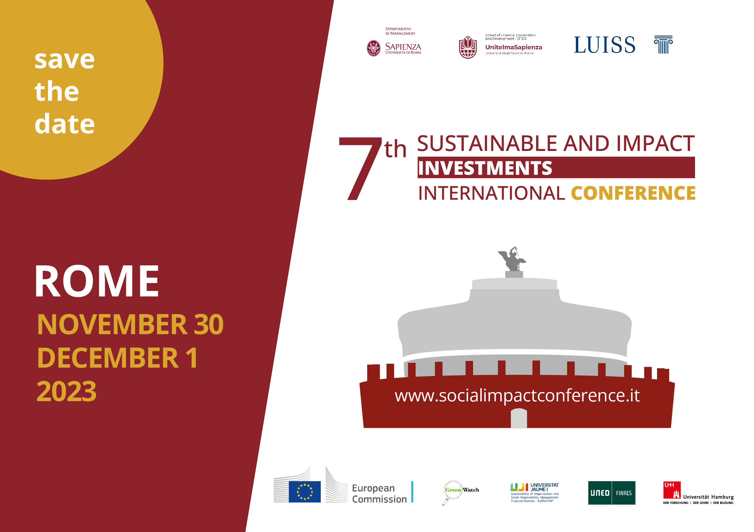 Image showing the date and title of the 7th Sustainable and Impact Investments International Conference in Rome on 30th November and 1st december 2023