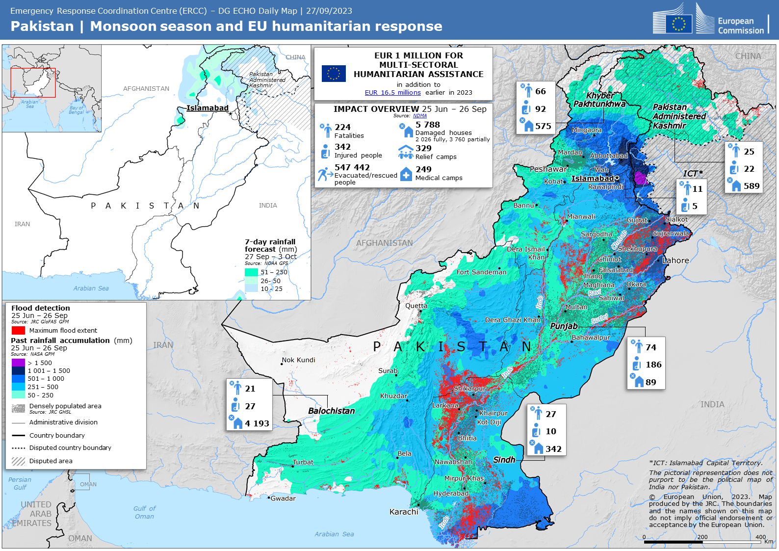Map showing the monsoon season in Pakistan and EU humanitarian response for the period of September 2023