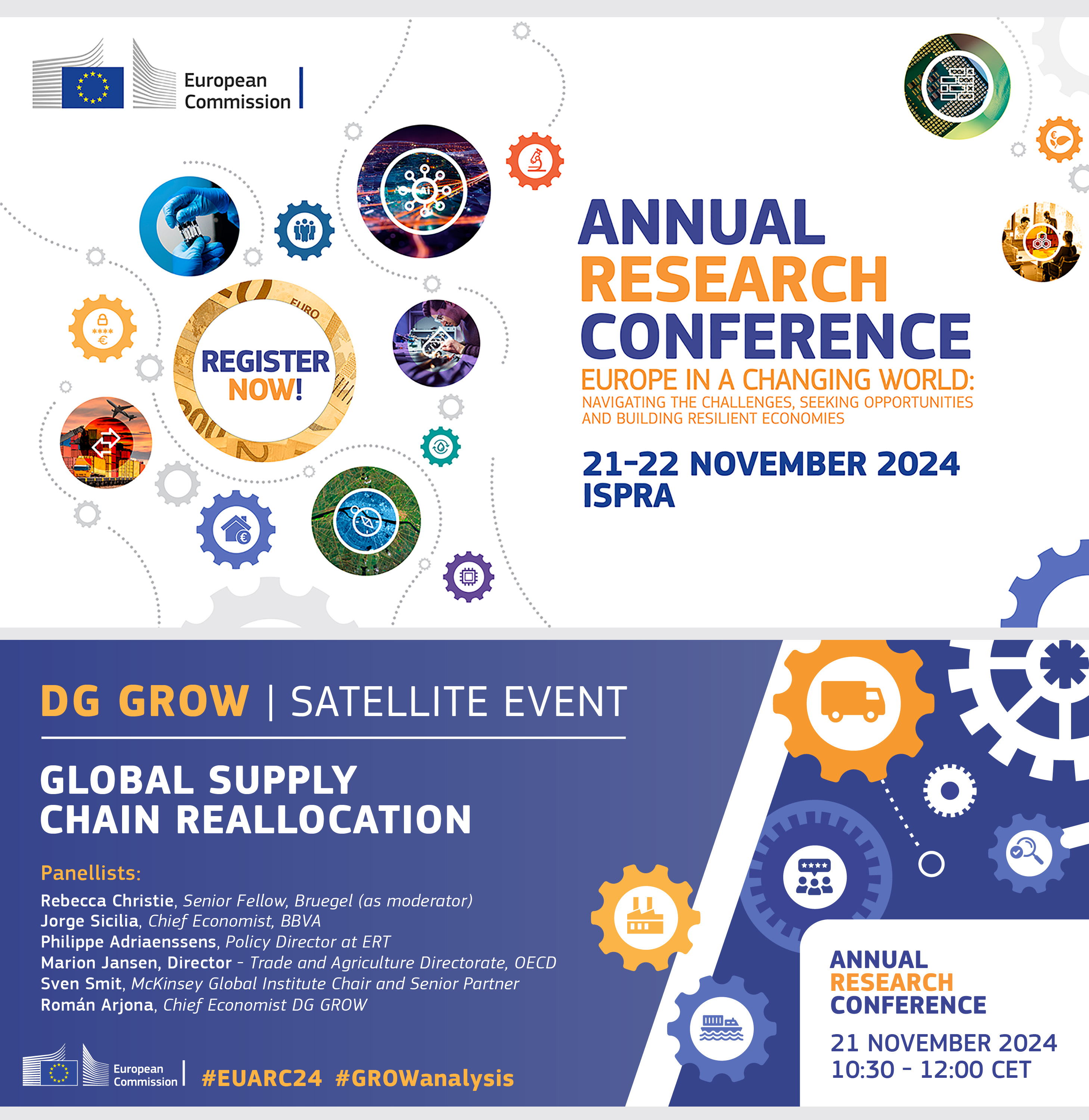 Poster announcing the Annual Research Conference by DG ECFIN and DG JRC on 21-22 November in Ispra, Italy and the Satellite event in Brussels by DG Grow