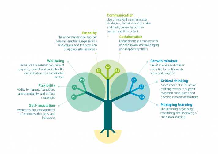 LifeComp Tree of competences describes nine competences, organised in three areas: The "personal" area (P1, P2, P3), the "social" area (S1, S2, S3) and the "learning to learn" area (L1, L2, L3)