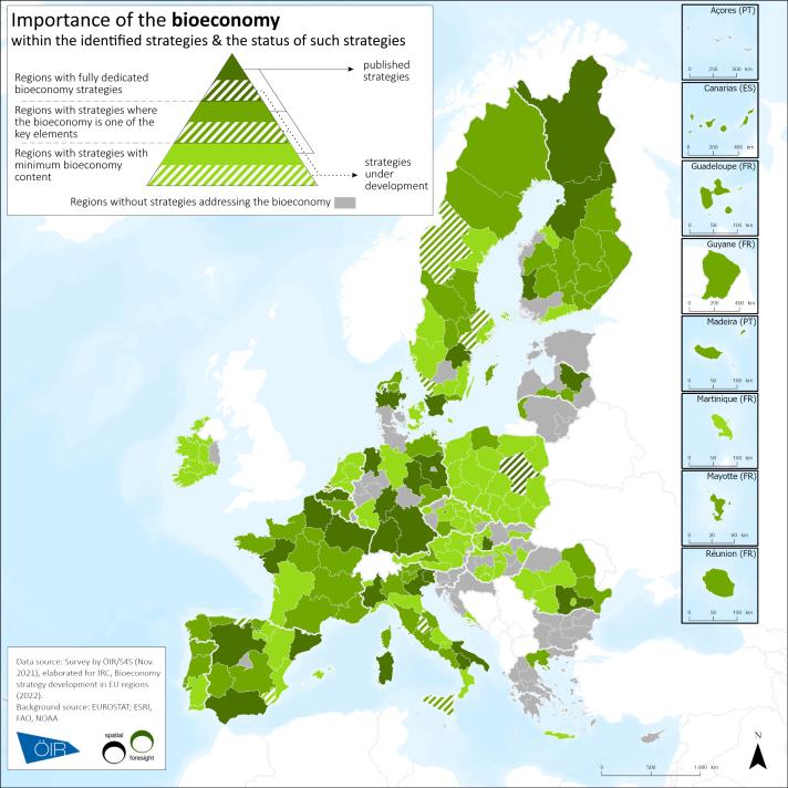 EU map illustrating the presence of bioeconomy strategies