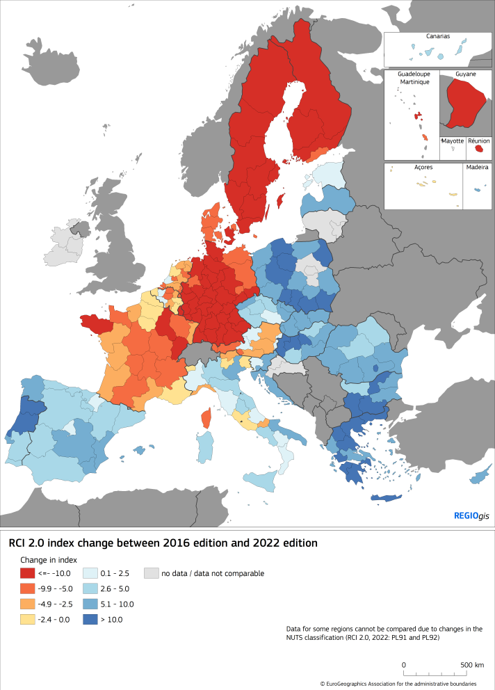Changes in the competitiveness of EU regions map