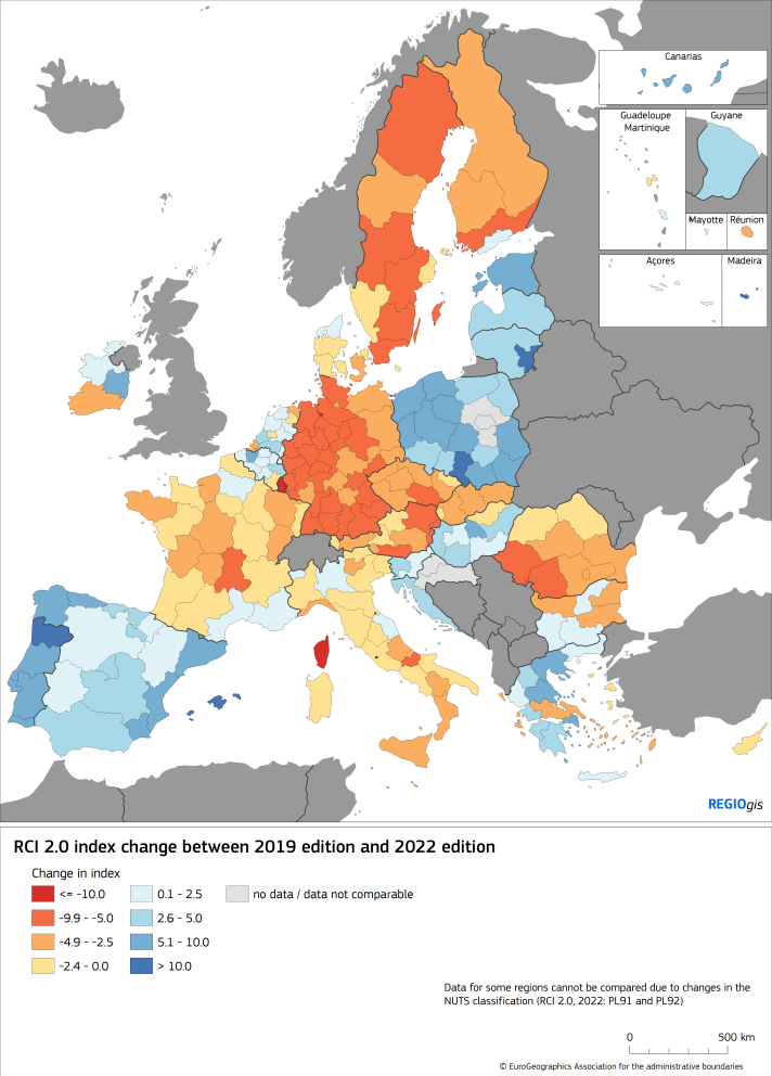 Changes in the competitiveness of EU regions between 2019-2022 map