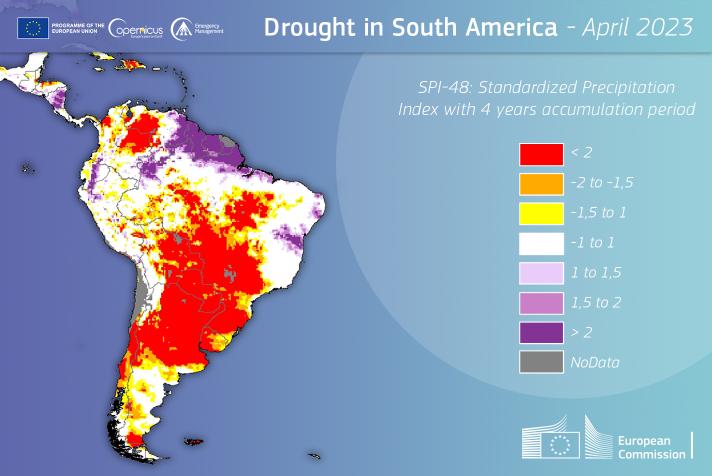 Map highlighting the drought in South America in April 2023. Sought of Brazil and North of Argentina among the most affected areas.