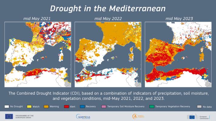 3 maps comparing the worsening of the drought situation in May 2021, May 2022, May 2023