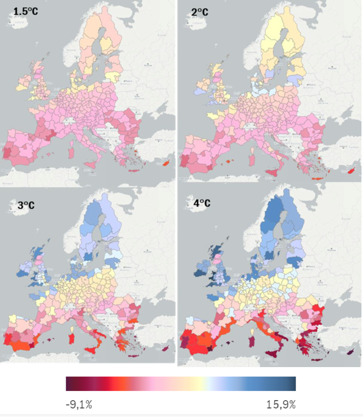 Four Europe maps showing projections by regions for 4 warming scenarios
