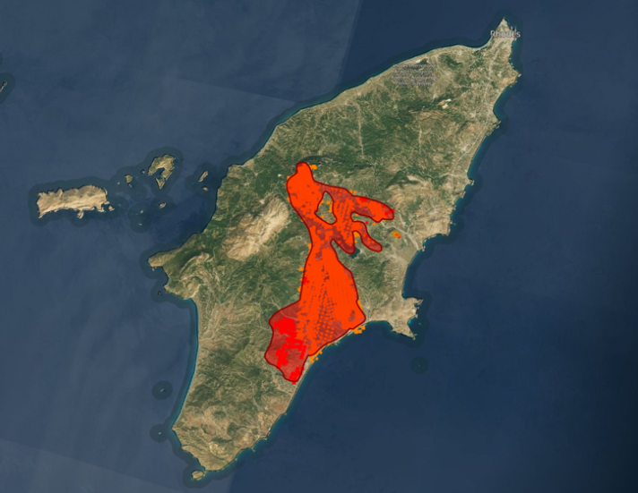 Wildfire in Rhodes from the JRC’s European Forest Fire Information System showing the perimeter of the fire and the active hot spots.