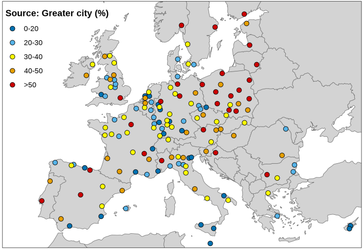 Map showing contribution of greater city emissions to urban PM2.5 concentration