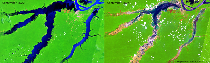 Satelliet image showing different water levels of the Amazon river in 2022 and 2023