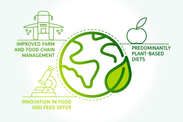 Ilustration depicting that farm and food chain management, plat based diets and innovation in food and feed, can improve sustainability of our food systems
