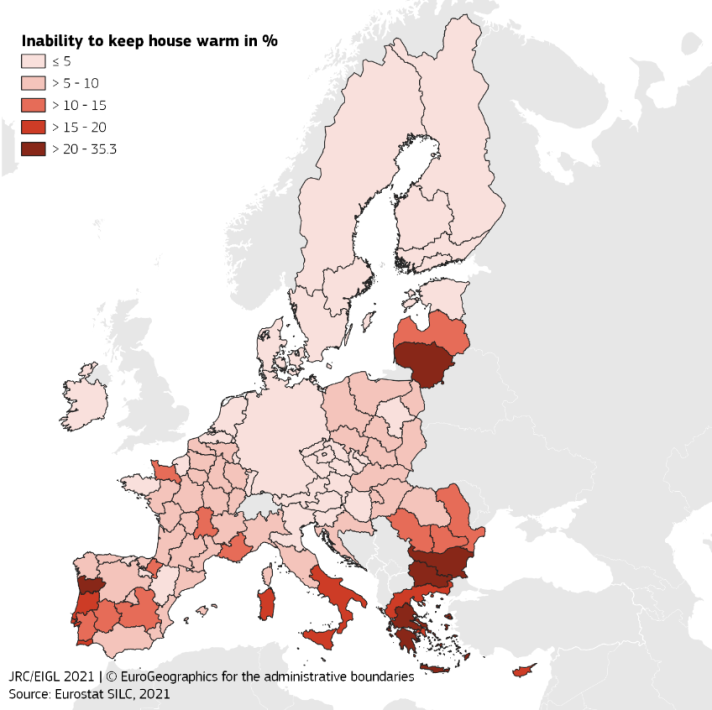 Map of EU regions showing percentage of households unable to keep house warm