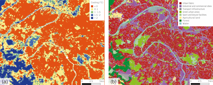 two maps of Paris, one next to the other, showing the refreshing effect of green spaces in different colours