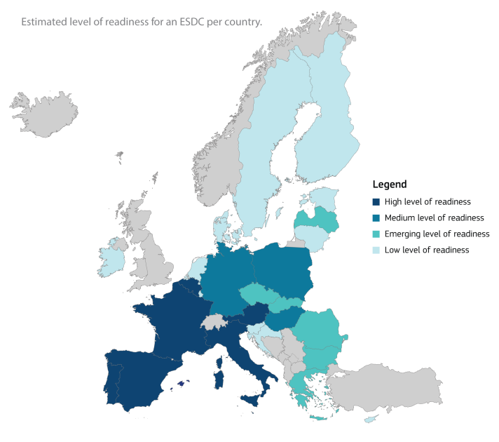 Map showing readiness for digital skills certificate in EU countries using a colour scale