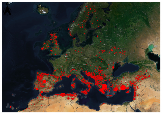 Map of forest fires in the pan-European region in 2021