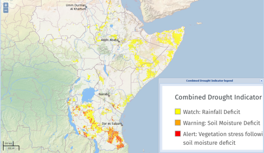 Combined Drought Index for East Africa, Second decade of April 2023, showing pockets of drought in Tanzania