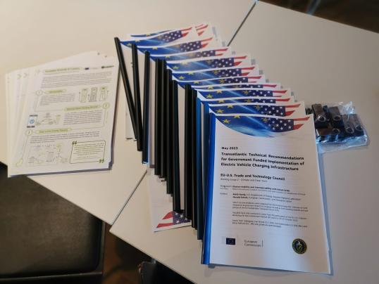 Image of printed copies of  EU-US EV charging infrastructure recommendations