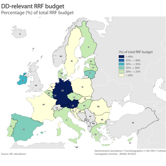 Map of the share of RRF funding received that are dedicated to the Digital Decade targets