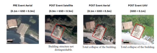 Four images showing pre event aerial, and post event satellite, aerial and drone imagery