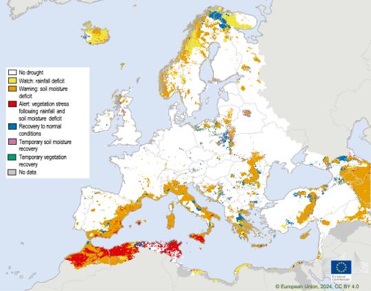 Map showing the Combined Drought Indicator for Europe, first 10-day period of January 2024