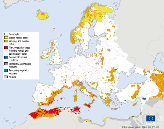 Map showing the Combined Drought Indicator for Europe, second 10-day period of January 2024