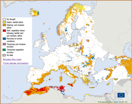 Map showing the Combined Drought Indicator for Europe for the third 10-day period of December 2023.