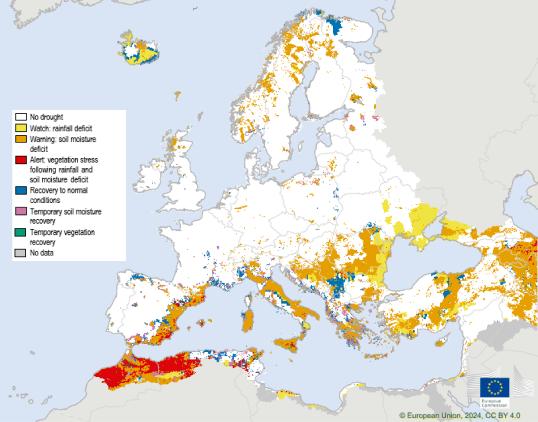 Map showing the combined drought indicator for Europe, first 10-day period of March 2024