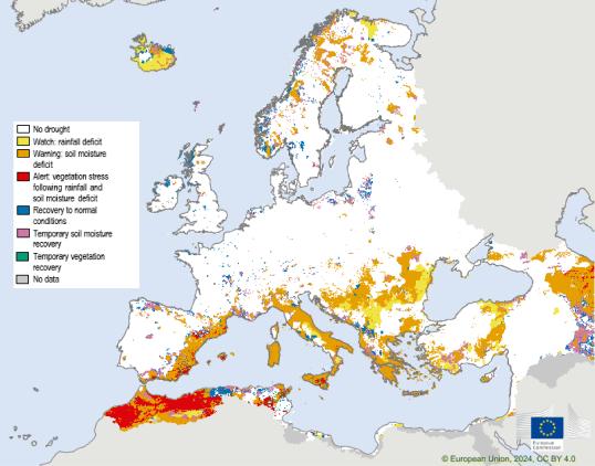 Map showing the Combined Drought Indicator for Europe, third 10-day period of February 2024