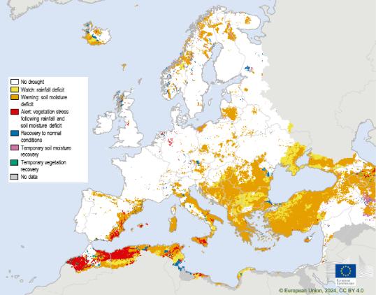 Map showing the Combined Drought Indicator for Europe, second 10-day period of April 2024