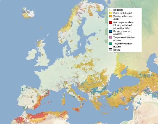 Map showing the Combined Drought Indicator for Europe, first 10-day period of May 2024.