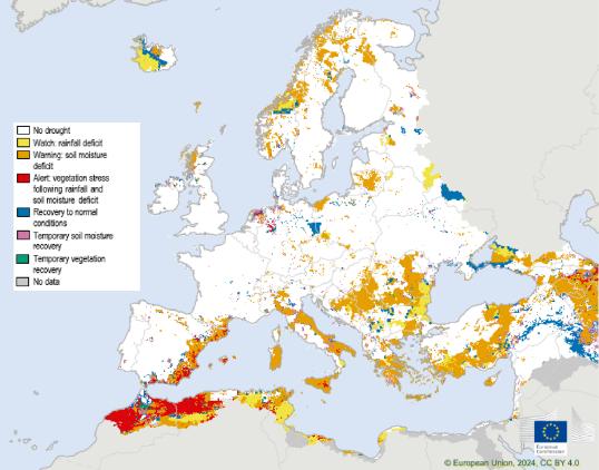 Map showing the Combined Drought Indicator for Europe, third 10-day period of March 2024