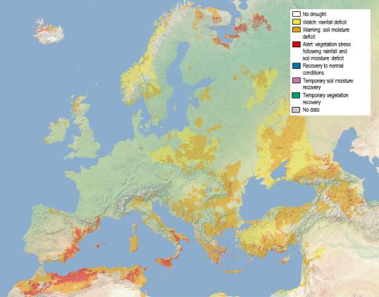 Map showing the Combined Drought Indicator for Europe, second 10-day period of May 2024