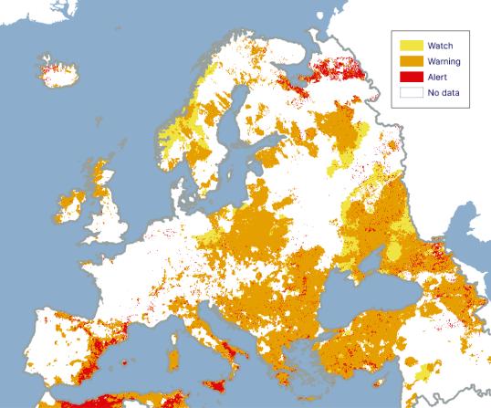 Map showing Combined the Drought Indicator for Europe, second 10-day period of May 2024