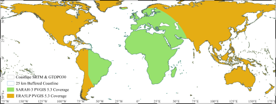 PVGIS5.3 geospatial irradiance coverage for SARAH3 and ERA5