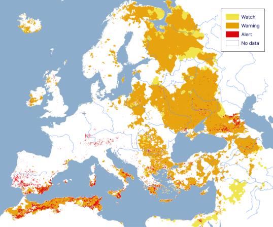 Map showing the drought conditions in Europe in the Drought in Europe in the 2nd ten-day period of October