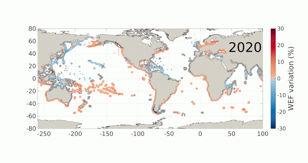 World map gif animation of changes in wave energy flux