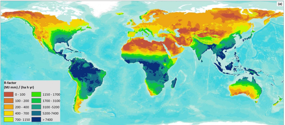 South America, the Caribbean, Central Africa and parts of Western Africa and South East Asia have highest rainfall erosivity