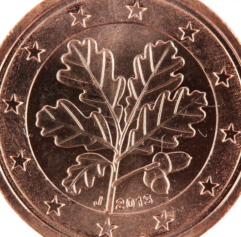 German euro coins of 1-cent, 2-cent and 5-cent show leaves and acorns of a pedunculate oak
