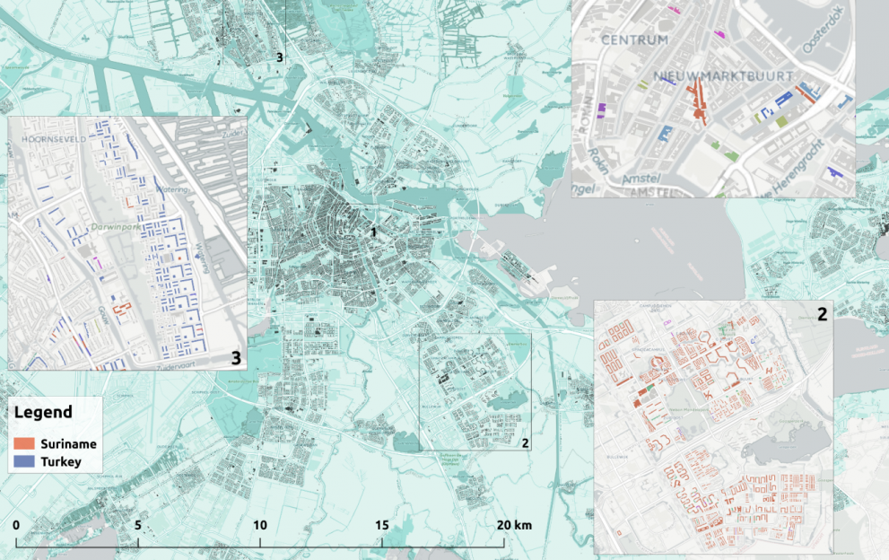 Users can view maps of whole cities or specific local authority areas. This one shows migrant communities from Suriname and Turkey in Amsterdam.