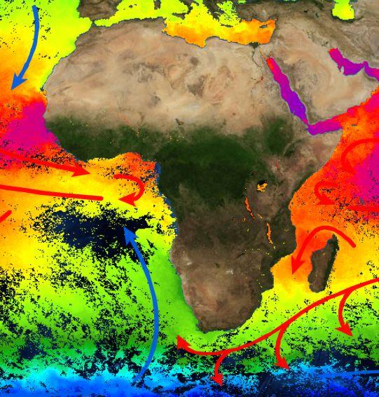 The Global Marine Information System (GMIS) developed by the JRC provides a time series of ocean observations from space, including this example of Sea Surface Temperature from October 2009, together with arrows showing the major ocean currents.