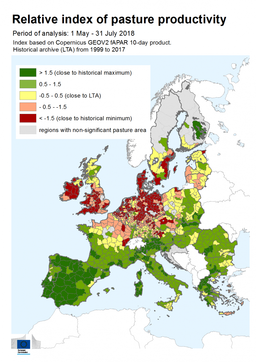 Pasture productivity in the EU-28 from 1 May until 31 July 2018