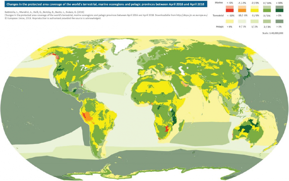 Changes in protected area coverage of terrestrial ecoregions, marine ecoregions and pelagic provinces between April 2016 and April 2018 © JRC