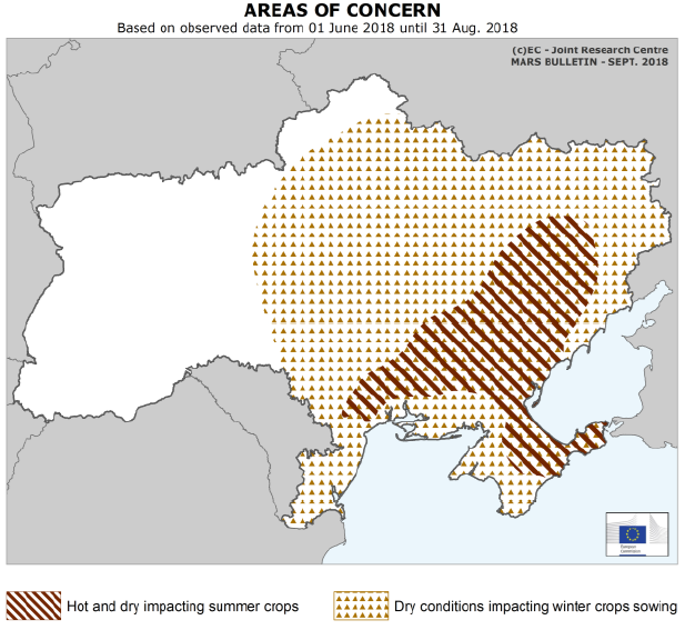 Areas of concern for agriculture in Ukraine from June to August