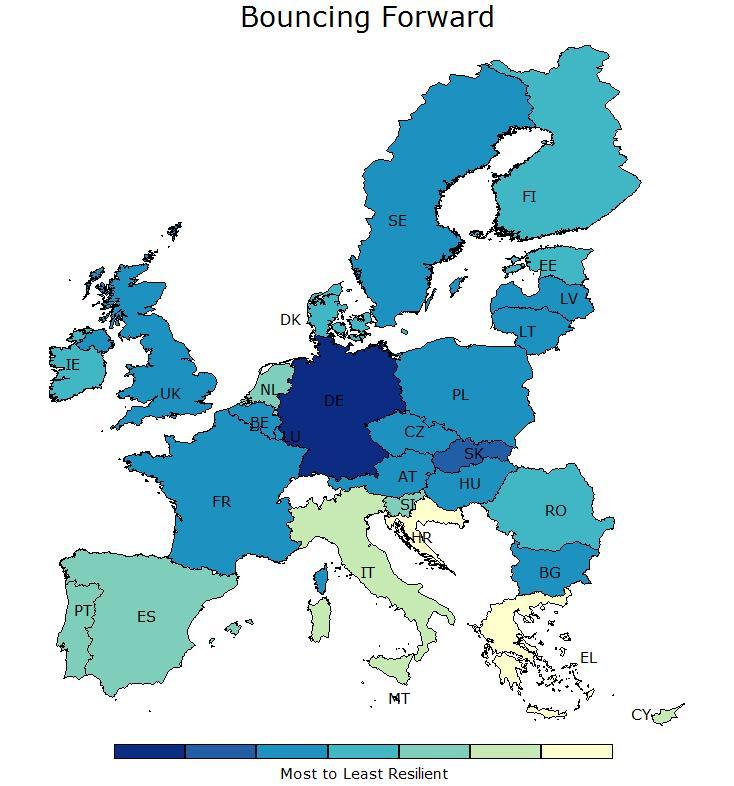 The bounce forward indicator in the EU 28. Shades of blue indicate high resilience, shades of green medium resilience and shades of yellow low resilience.