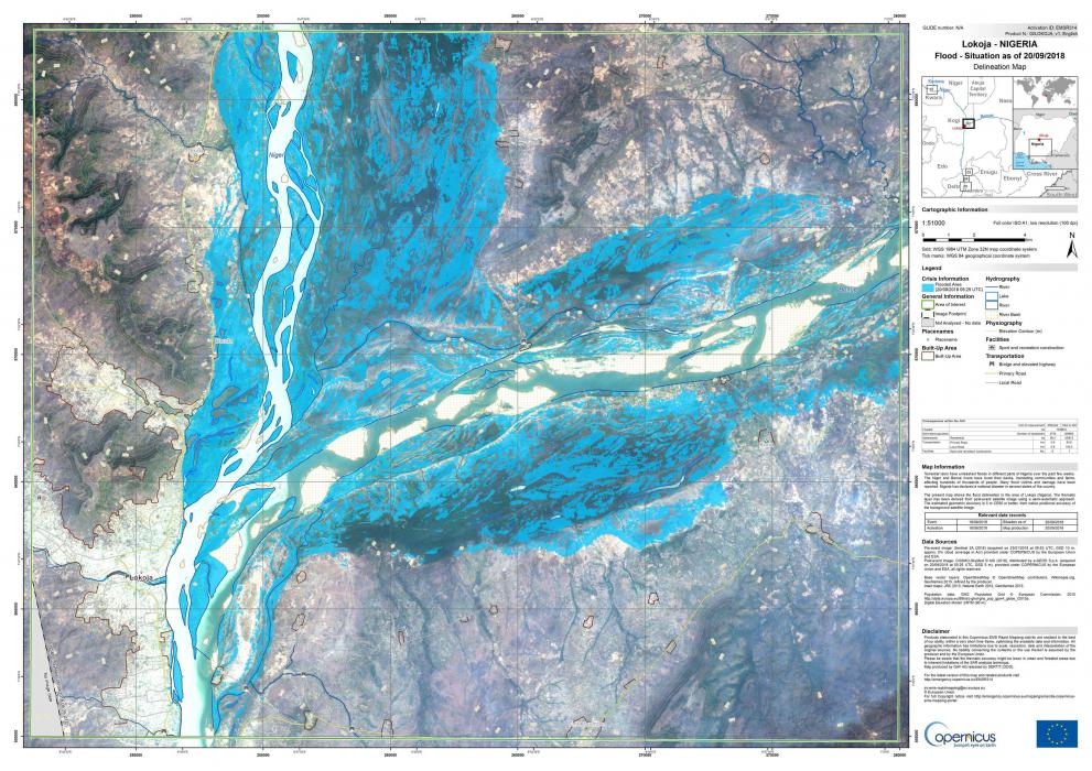 Example of a rapid flood extent map produced from post-event satellite imagery. Copernicus Emergency Management Service (@2018 European Union), [EMSR314] Lokoja: Delineation Map.