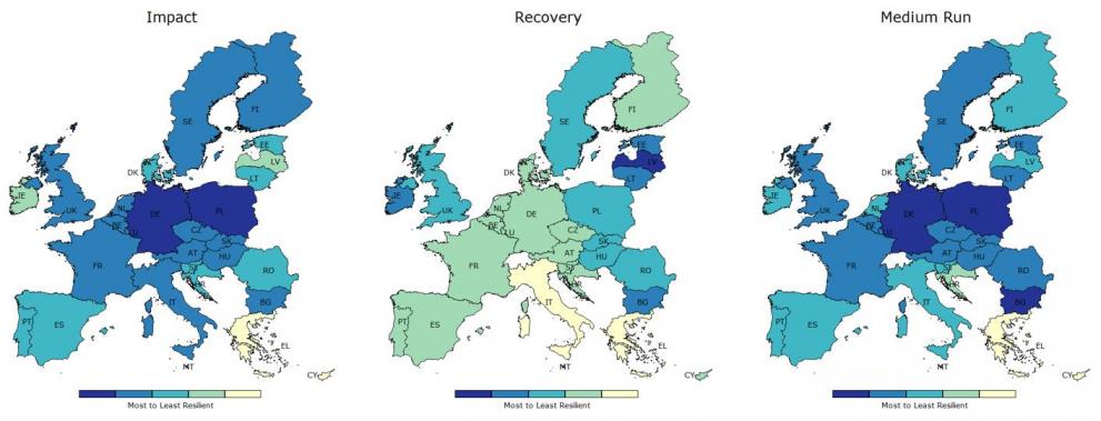 Impact (short run), recovery and medium run indicators in the EU 28. Shades of blue indicate high resilience, shades of green medium resilience and shades of yellow low resilience.