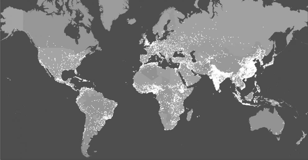 The 10,000 urban centres mapped by the GHSL.
