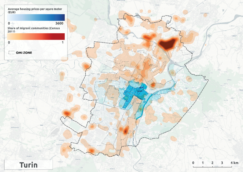 Average house prices vs. share of migrants in Turin, 2011