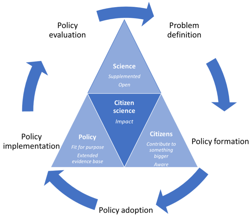 Three main pillars of citizen science in the policy cycle: scientific excellence, citizen engagement, and policy-relevance
