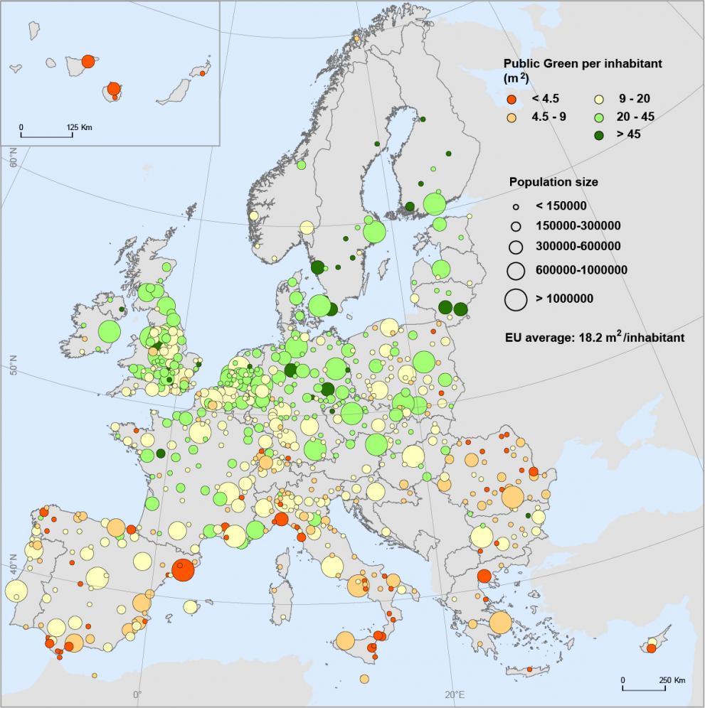 Map of publicly accessible green infrastructure per head of population, across the EU
