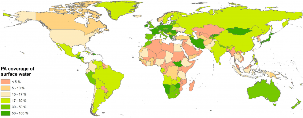 Coverage of surface waters (both seasonal and permanent) by protected areas in all countries.